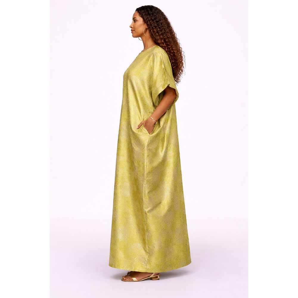 Luxury Lime Gold Jacquard Kaftan Maxi Dress